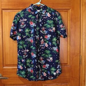 Free Planet Blue and Green Casual Button Down Shirts with Tropical Prints